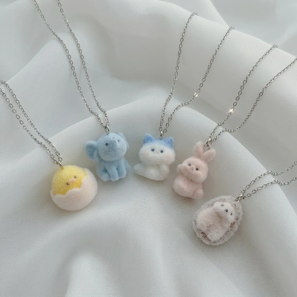 New cute flocking three-dimensional cartoon small animal pendant puppy chick necklace cute fashion woman