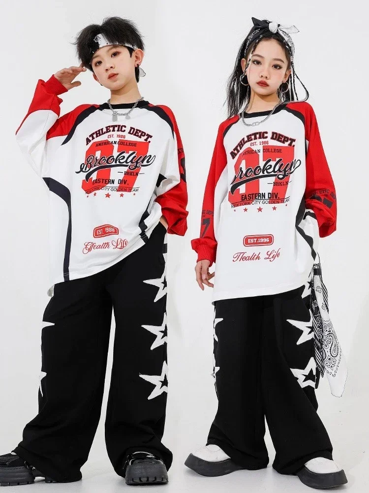 Boys Loose Shirts Black Cargo Pants Suit Girls Ballroom Hip Hop Dance Performance Clothes Kids Jazz Dance Costumes