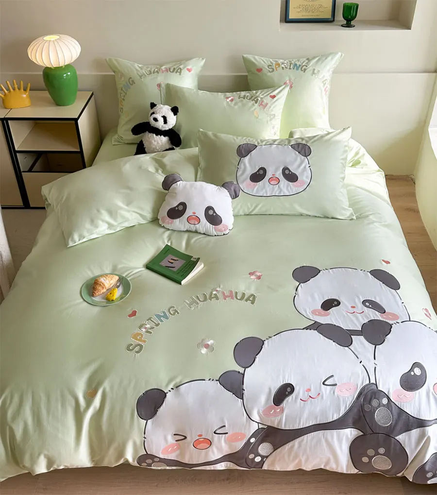 Cute cartoon embroidery panda green beding set,twin full queen king kawaii cotton home textile bed sheet pillow case quilt cover