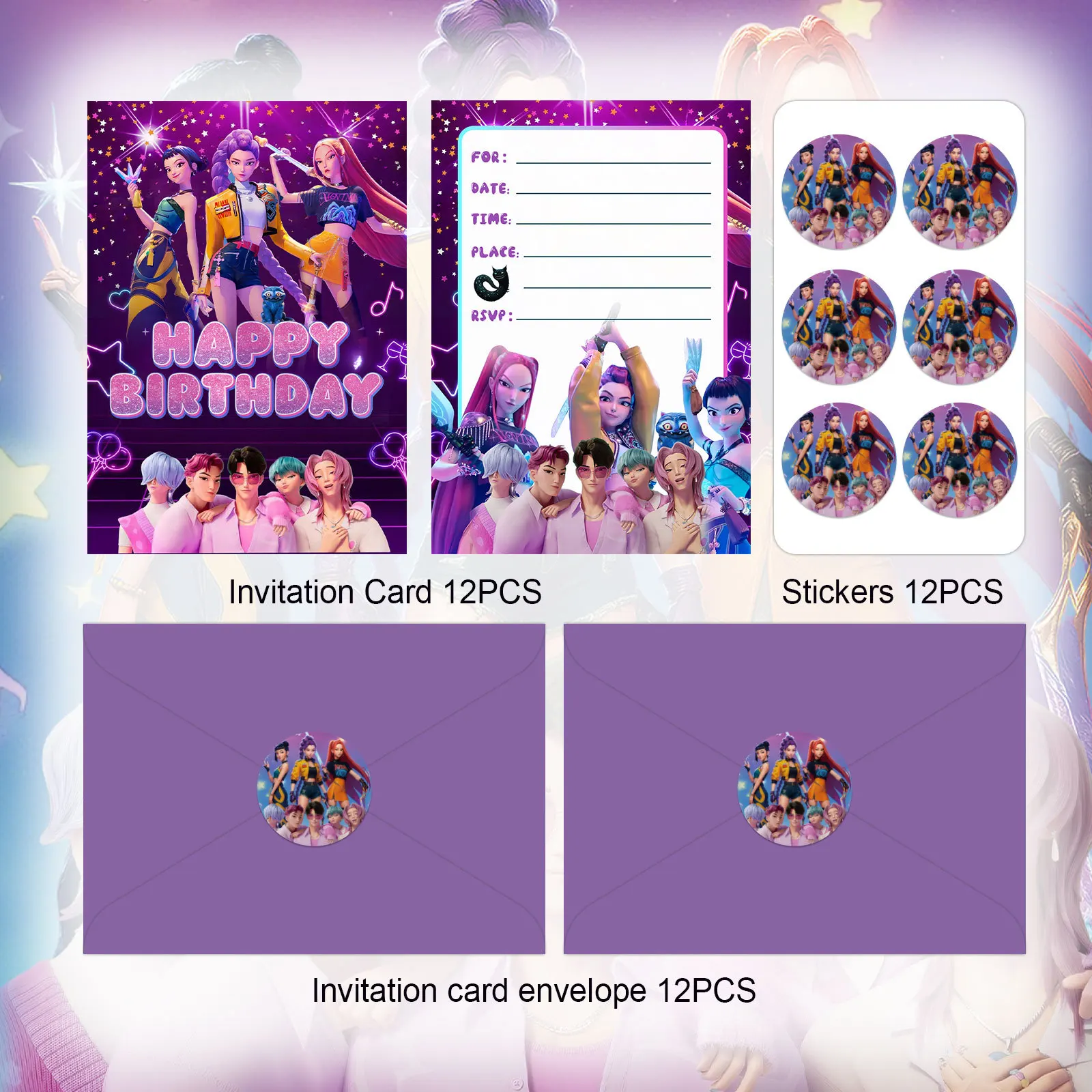 Ensemble de 12 pièces de chasseurs de démons Kpop Rumi Mira Zoey Saja, cadeau pour garçons, fournitures de fête d'anniversaire, cartes d'invitation, lettre, cadeau pour enfants