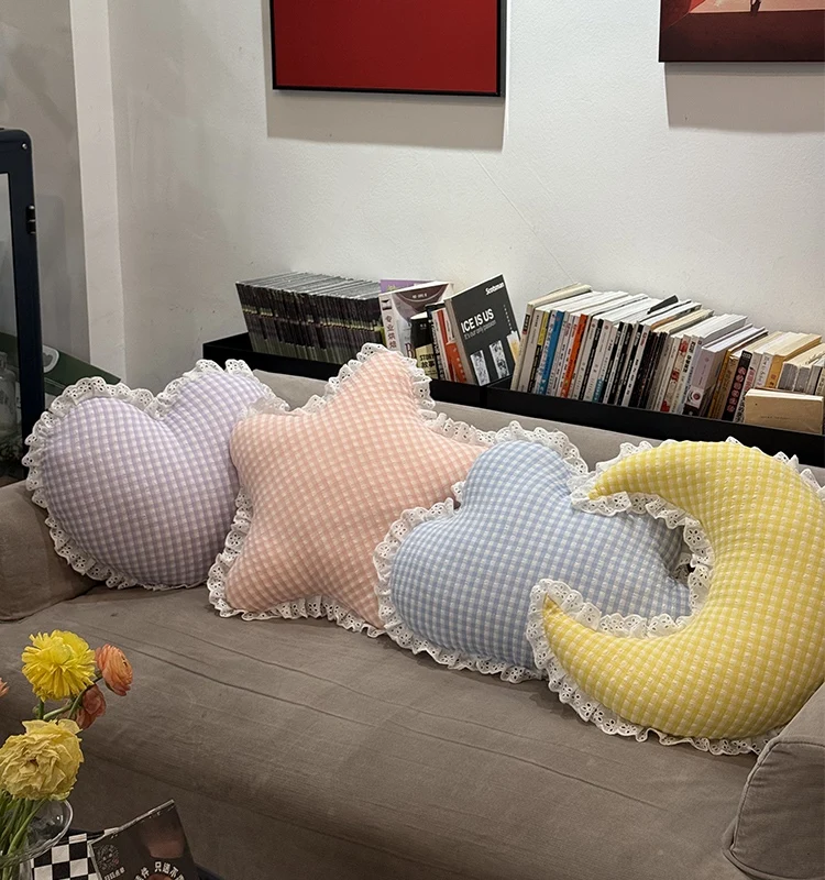 Sky Pillow Plush Moon Heart Star Cloud Soft Cushion Colorful Check Pattern Sofa Chair Decoration Plushie Ladies Gift