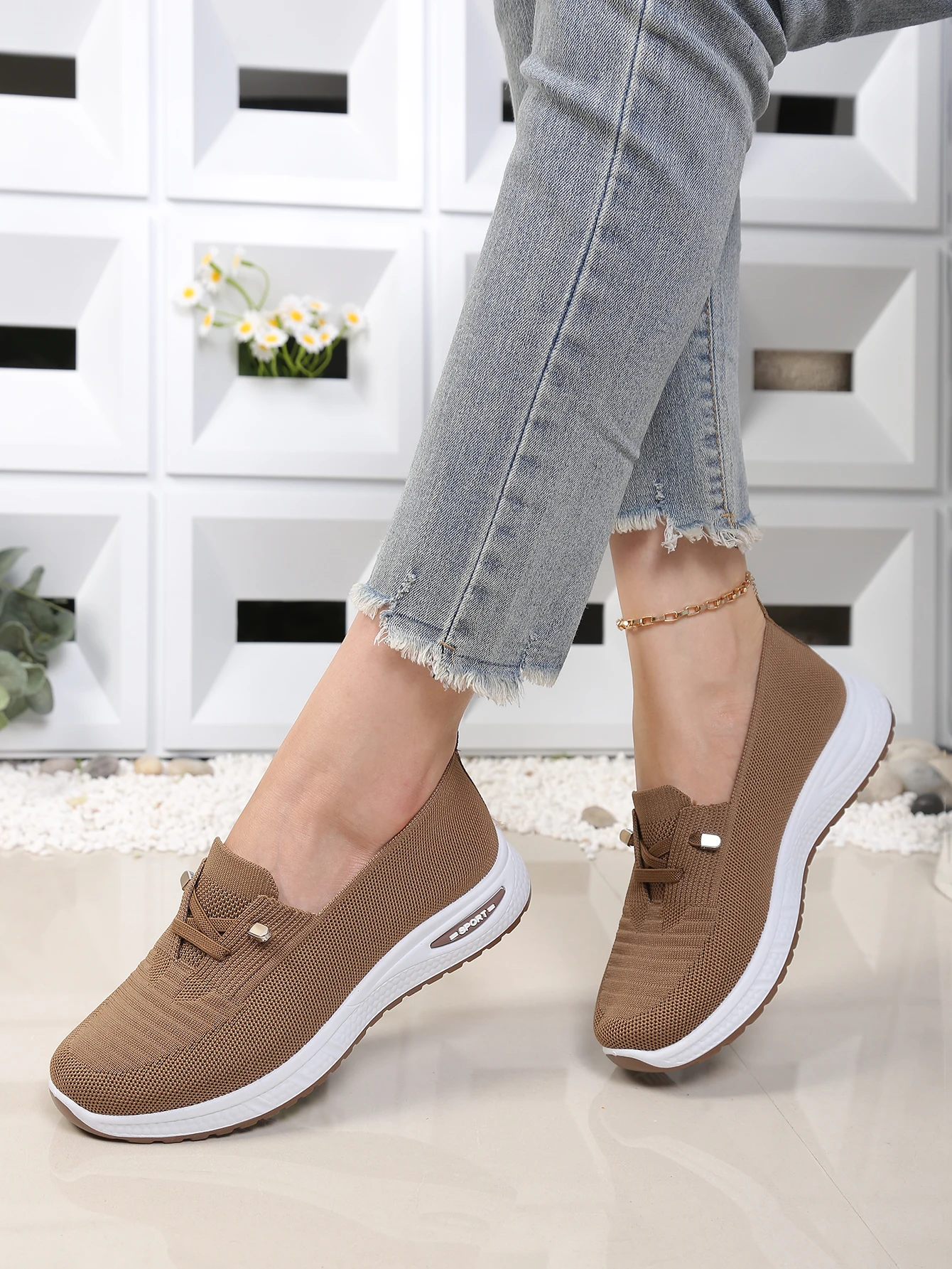 Damen Slip-On Mesh-Schuhe für Zuhause & Büro, Leichte Strick-Walkingschuhe, Rutschfeste Plateau-Freizeitschuhe für Damen – Detail 2