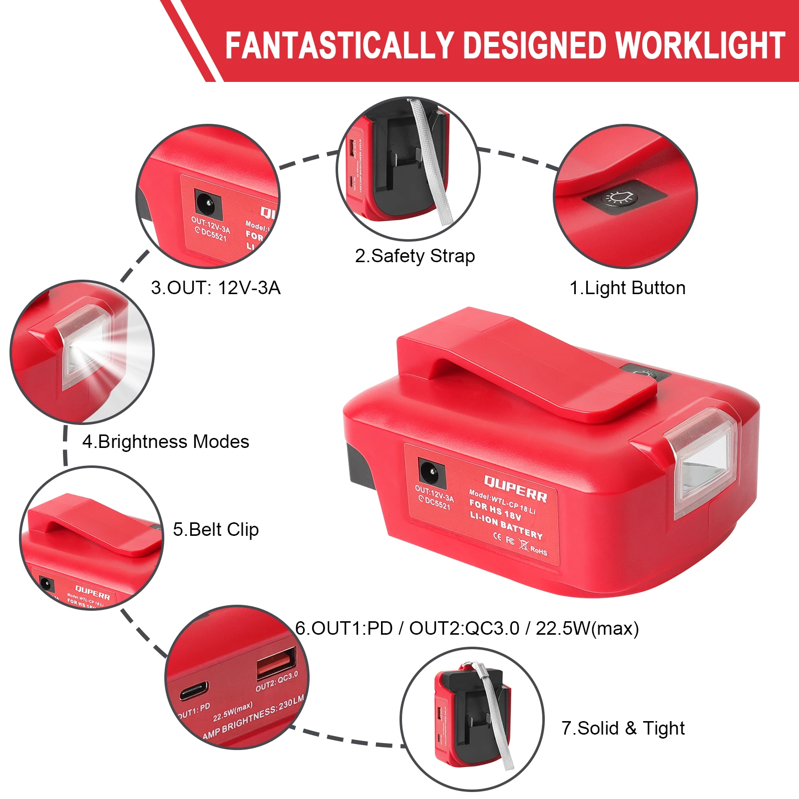 Power source for Einhell 18V battery to DC 12V3A and PD22.5W USB QC3.0 and light