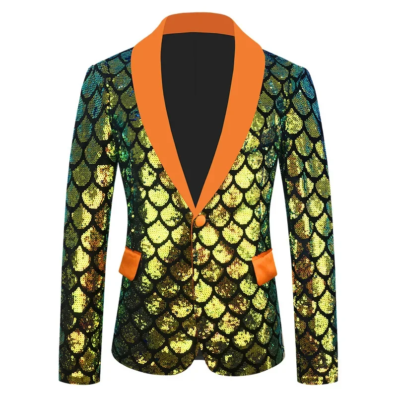 Velvet Phantom Color Reversible Fish Scale Sequin Performance Men Blazer, Green Fruit Collar Wedding Banquet Party Dress Jacket