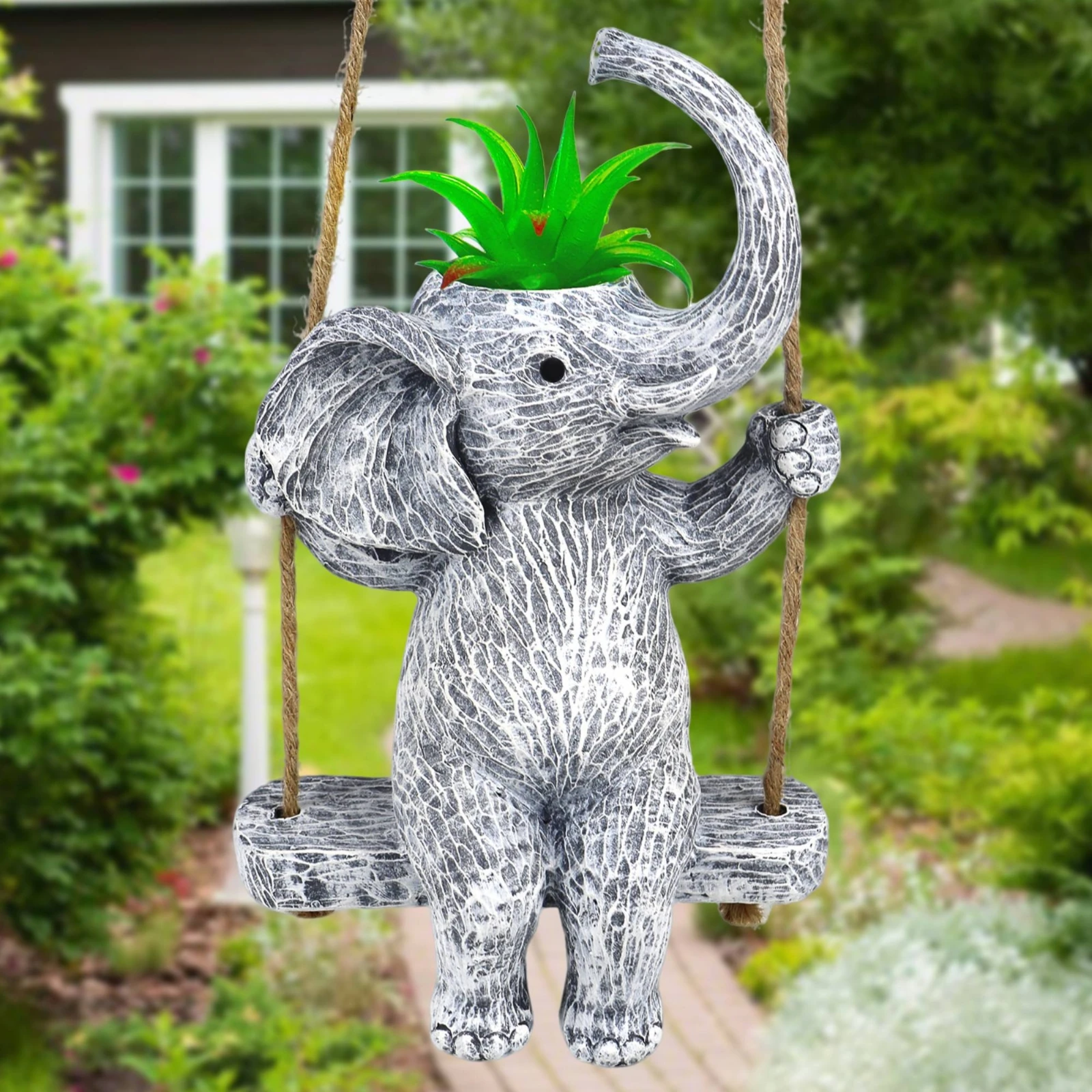 Resin Elephant Planter Textured Surface Swing Seat Planter Elephant Flower Pot Holder Easy to Hang Garden Decor Whimsical Style