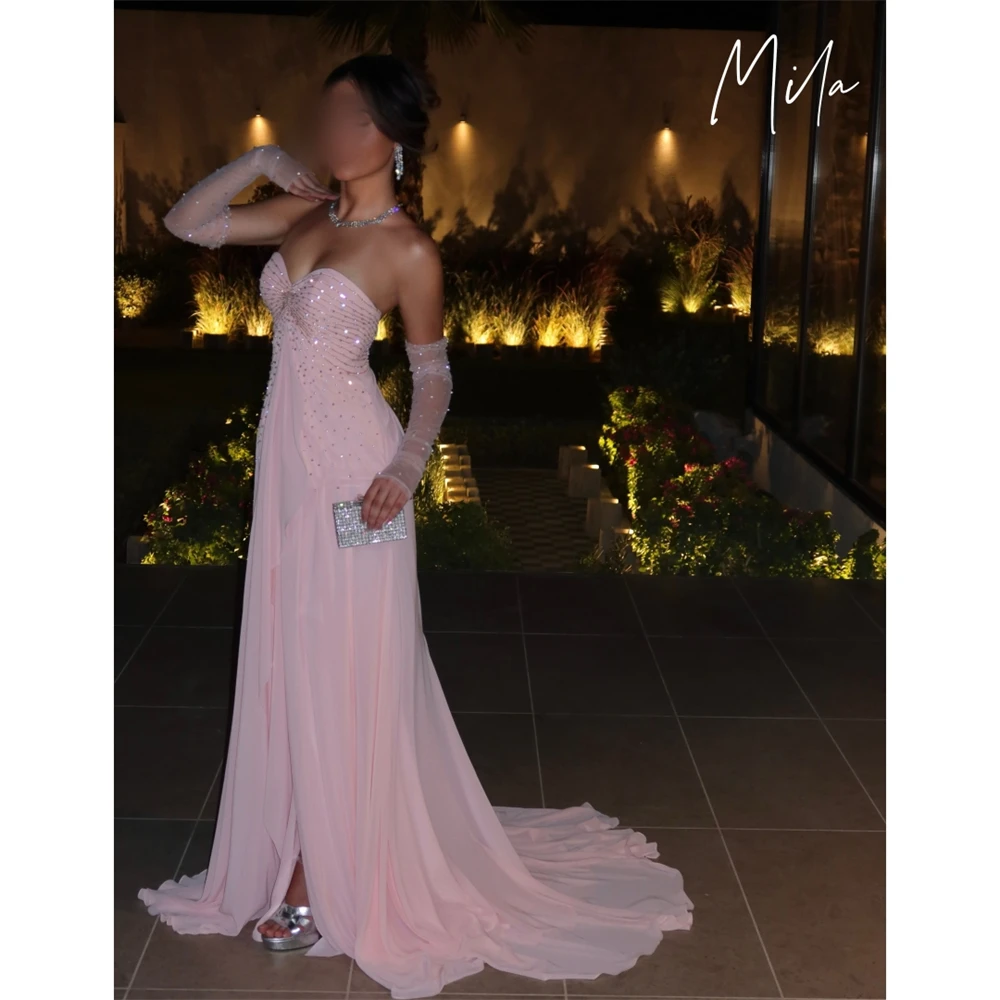 Mila Custom Pink Strapless Beaded Evening Dress Sheer Long Sleeve Floor Length Prom Gown Side Slit Formal Graduation Party Dress