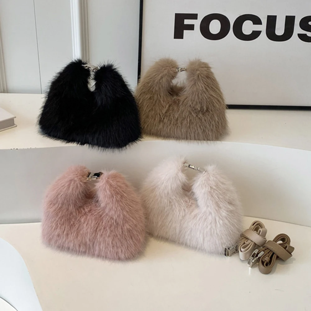

Women Faux Fur Shoulder Bag Adjustable Strap Fluffy Crossbody Bag Solid Color Clutch Purse Hobo Bag for Travel Party