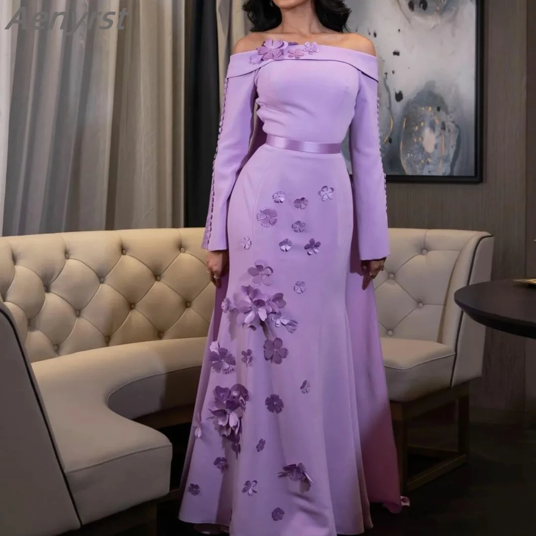 Luxury Purple Party Gown Boat Neck Long Sleeves Prom Dresses 3D-Flowers Button Evening Gown Dubai For Women فستان حفلات الزفاف