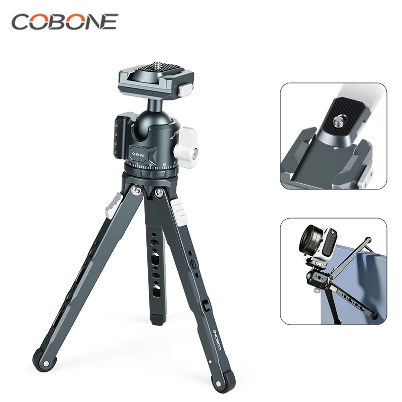 COBONE Desktop Photography Tripod Dual Cold Shoe Mini Ball Head Portable Handheld Stand for Camera Phone Vlog Shooting