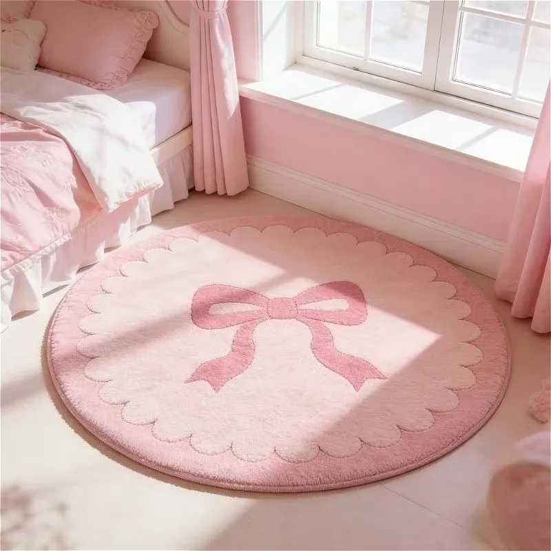 Kawaii Pink Bow Print Round Rug Soft Non-Slip Carpet Coquette Style Bedroom Floor Mat Cute Pastel Children's Room Decor