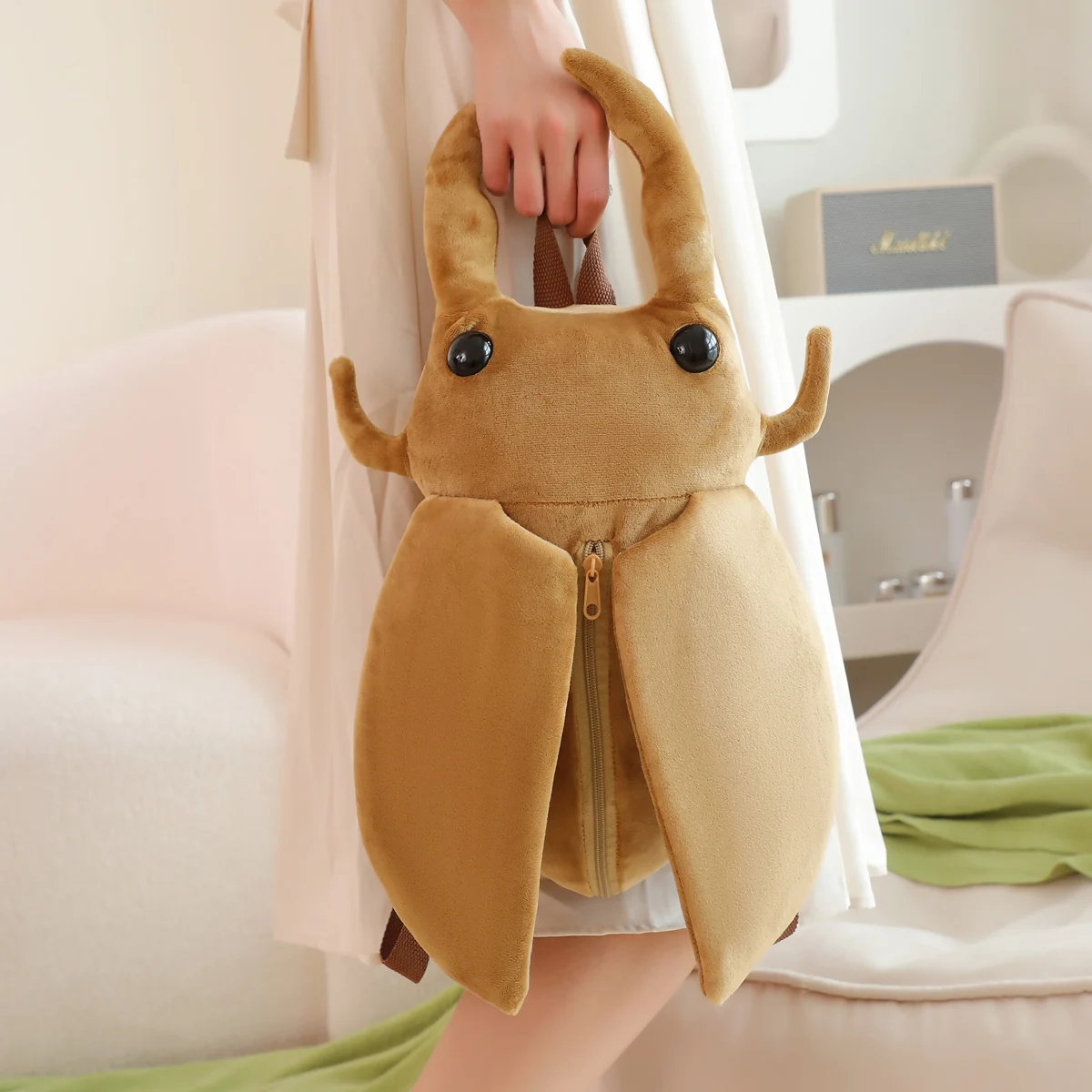 خنفساء وحيد القرن المسلحة المزدوجة، شوكة وحيد القرن ذات القرن الواحد، دمية الحشرات، حقيبة ظهر قطيفة، حشرة إبداعية لطيفة #3