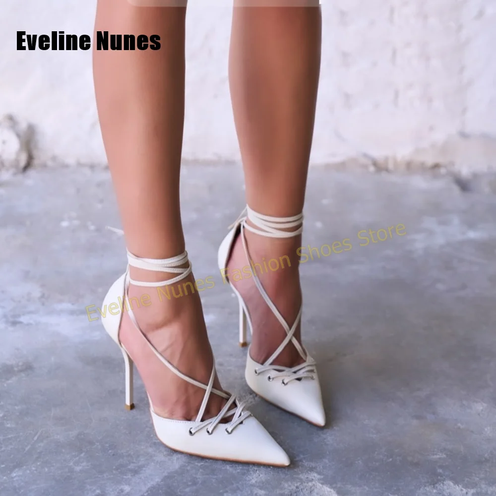 Women White Lace Up Wrap Pumps Pointed Toe Stiletto Ankle Strap Elegant Wedding Date Night Office Party Sandals 2026 Summer Shoe