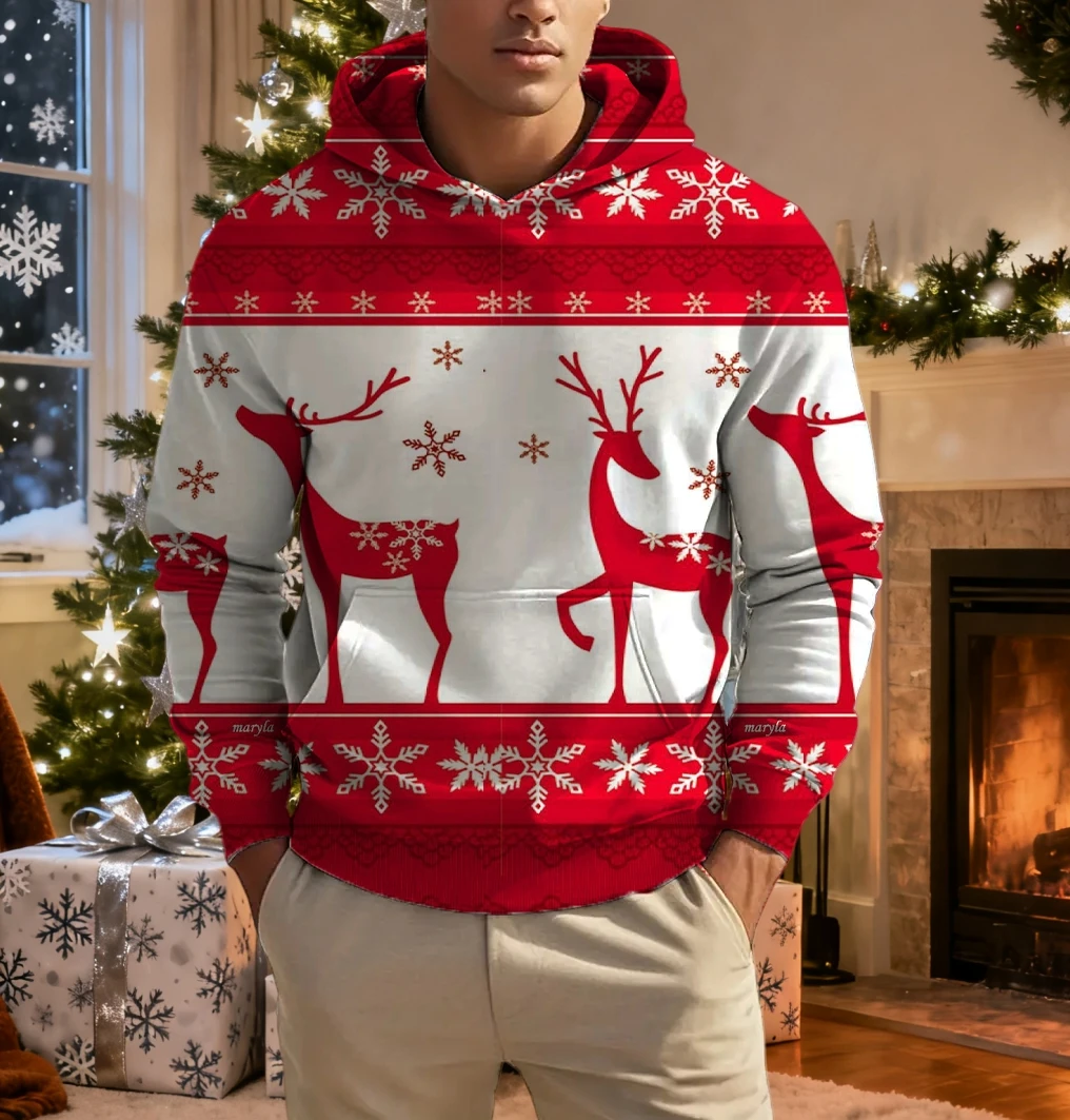 الرجال عيد الميلاد الرنة طباعة هوديي الحيوان الكرتون نمط البلوز عارضة لطيف البلوز المتضخم المتناثرة للجنسين الملابس #1