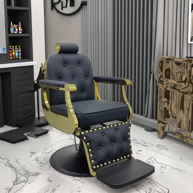 

High quality antique style black leather gold frame salon chair classic luxury round base hairdresser barber chair