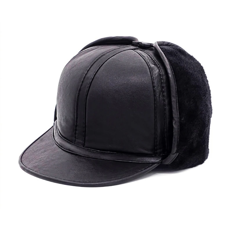 Hot Sale Male Casual Winter Warm Sheepskin Leather Cap New Arrival Adult Caps Men 100%Natural Real Sheepskin Leather Bomber Hats