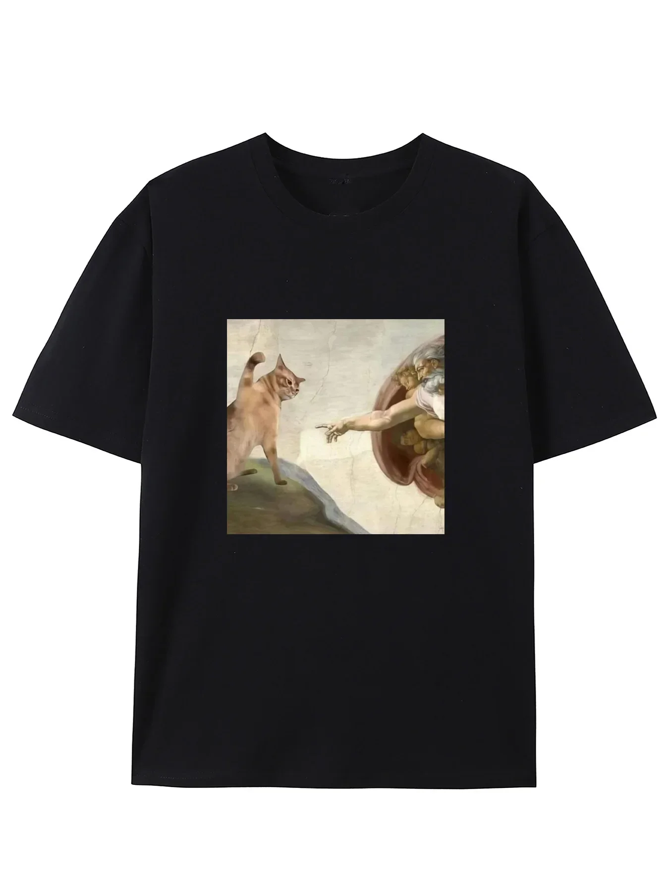 Camiseta gráfica de parodia de creación de gatos y Adán, camiseta informal con cuello redondo, camiseta ajustada de manga corta para adultos, Top informal de moda de verano