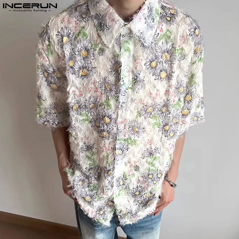 

INCERUN Men Shirt Printing Tassel Lapel Short Sleeve Loose Casual Men Clothing Streetwear Summer Korean 2024 Fashion Male Shirts