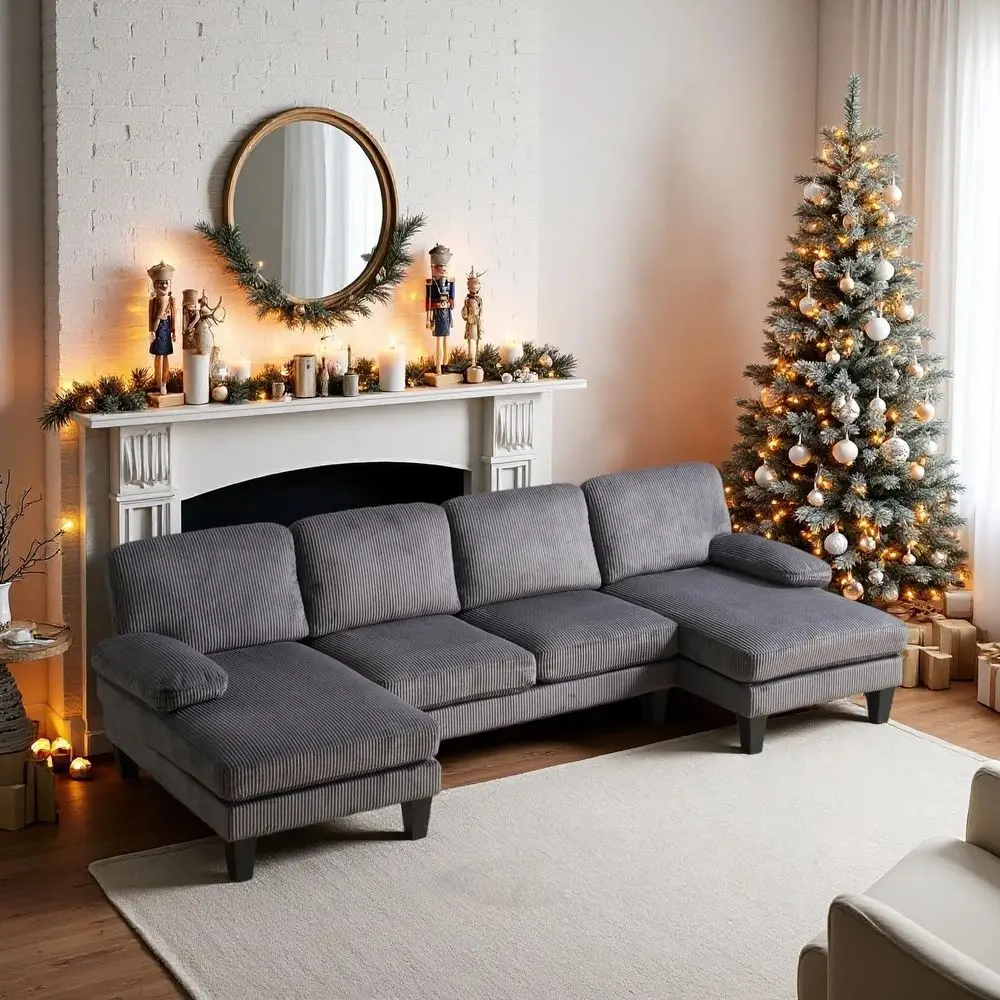

4-Seat Grey Corduroy Fabric Sectional Sofa with Double Chaise Lounge for Living Room