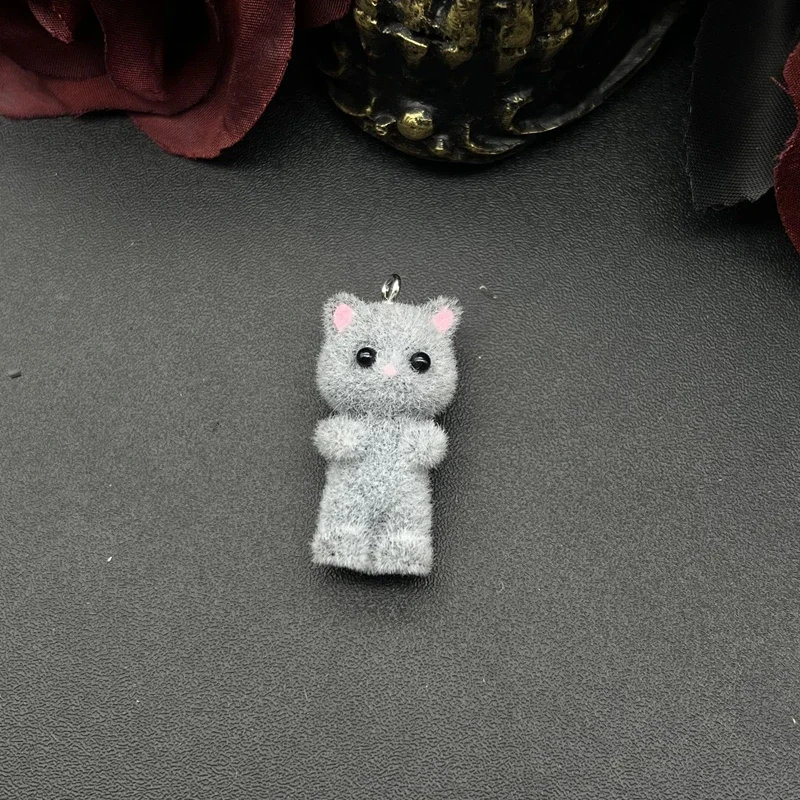 2pcs 35*17mm 3D Cute Fluffy Flocking Cat Kawaii Flocking Charms Miniature Dolls Keychain Pendant DIY Crafts Jewelry Make