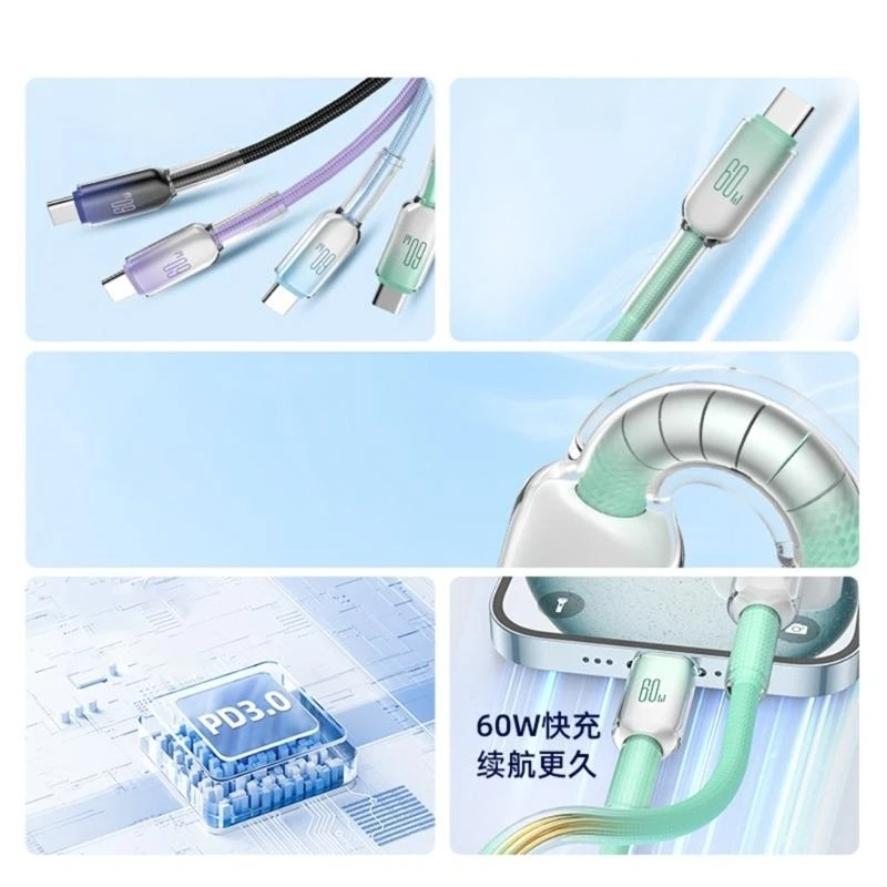 

F68B 1m/2m Wear Resistant 60W Charging Cable USB C Data Wire Line for Modern Gadgets