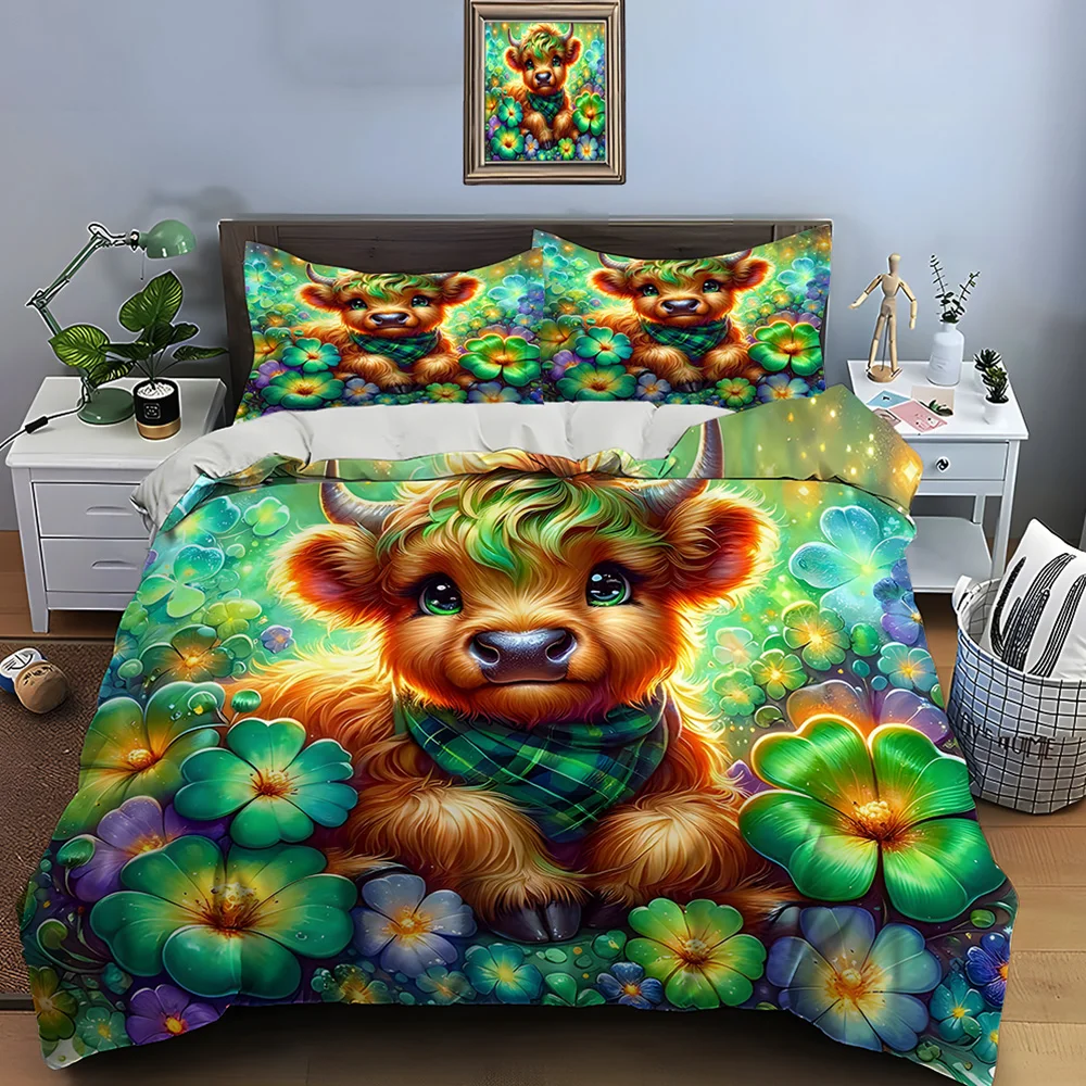 Cute Highland cattle and four-leaf clover Pattern Duvet Cover Set Digital Print Colorful Polyester Bedding with Zipper Closur