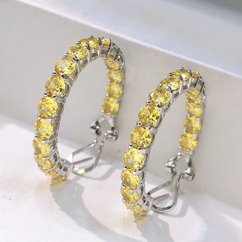 

SpringLady 100% 925 Sterling Silver 4MM Lab Sapphire Citrine High Carbon Diamonds Gemstone Hoop Earrings Fine Jewelry