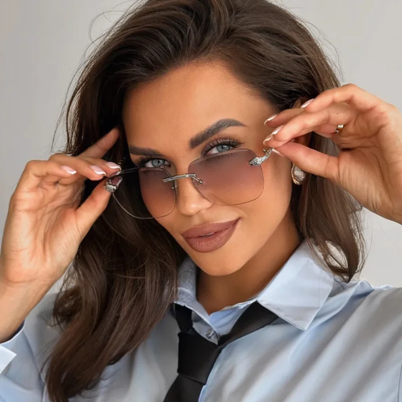 

Protective Glasses 3pcs Fashion Rimless Metal Rectangle Frame Sunglasses Women Gradient Lens Design Sun Glasses UV400