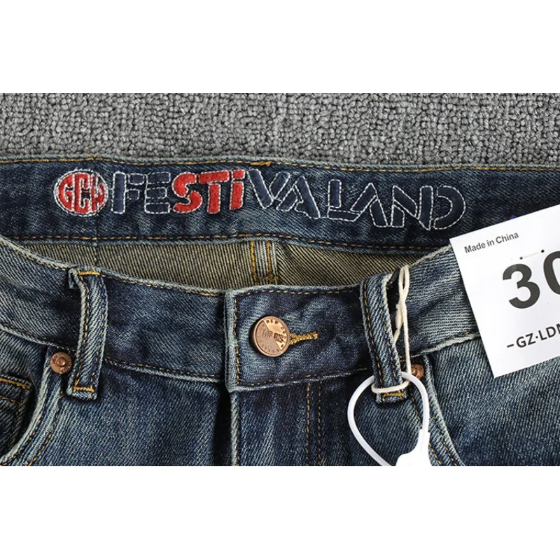 2024 Nostalgic Washed Cat Beard Craft Vintage Embroidered Jeans Men's Slim-Fitting Small Straight Fashion Youth Long Pants