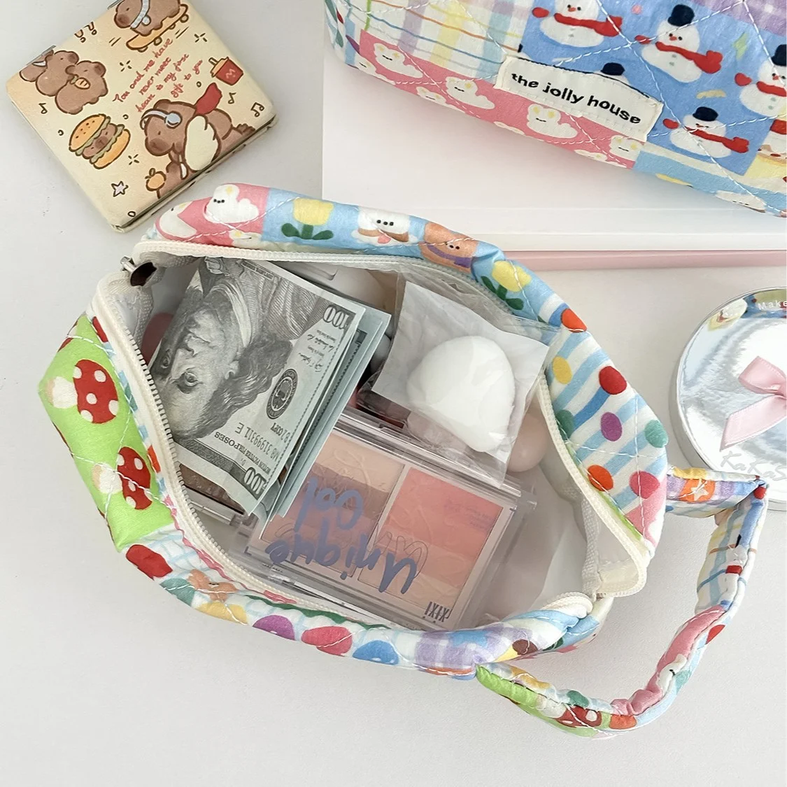Cute cartoon print student portable stationery storage bag, color-blocked cake octagonal bag, high aesthetic value