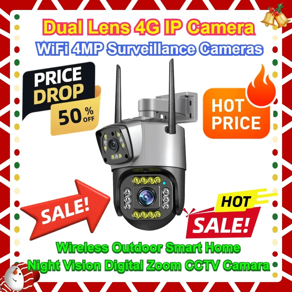 WiFi 4MP Surveillance Cameras Wireless Outdoor Smart Home Night Vision Digital Zoom CCTV Camara Dual Lens 4G IP Camera