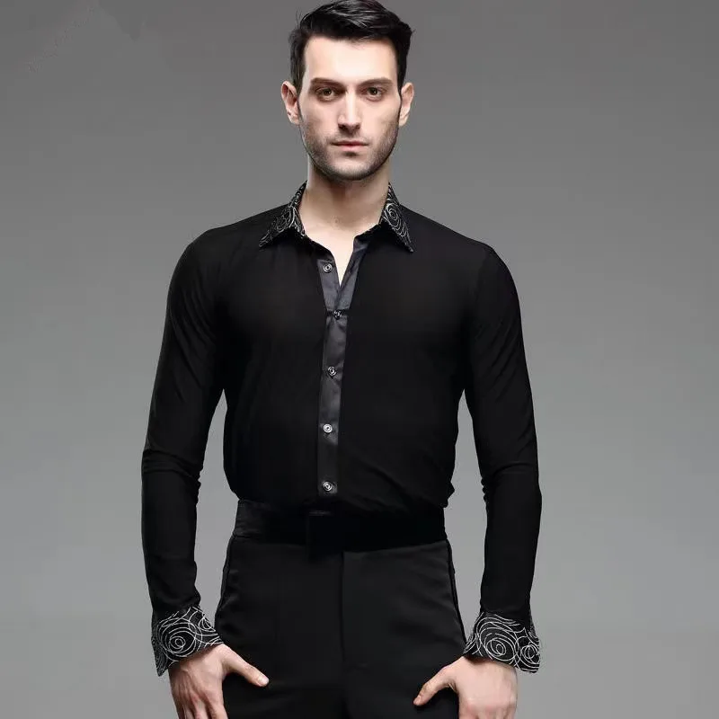 New Mens Dance Shirt Print Collar Standard Competition Performance Ballroom Modern Salsa Tango Samba Male Latin Tops Dancewear