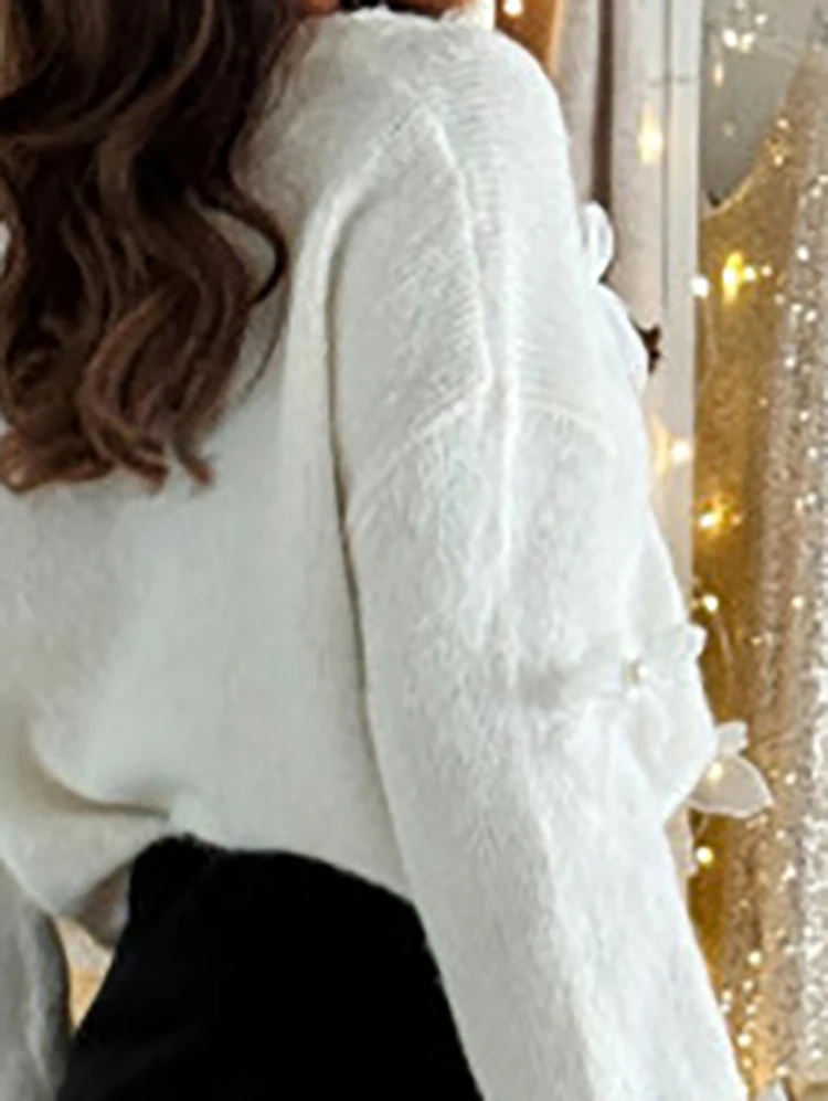 

New Winter Sexy V-neck Loose Sweater Chic Warm Solid Color Women Sweater Top White Bow Long Sleeved High Street Knitted Pullover