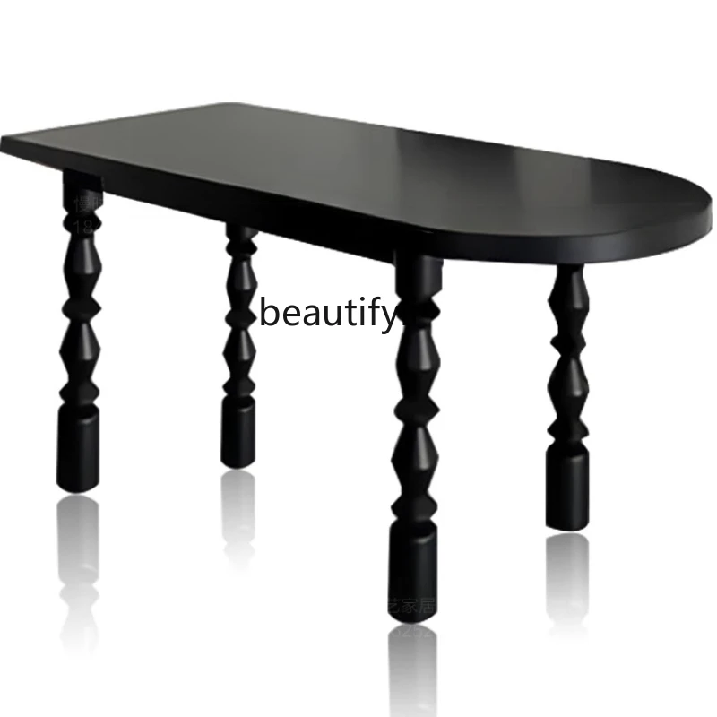 Semicircle Kitchen Island Curved American French Retro Black Solid Wood Small Apartment Log Ellipse Dining Table