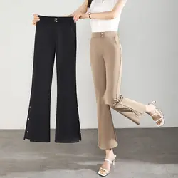 Summer New Korean Fashion Elegant Simple High Waist Split Flare Pants Women's Solid Patchwork Button Pockets Straight Trousers