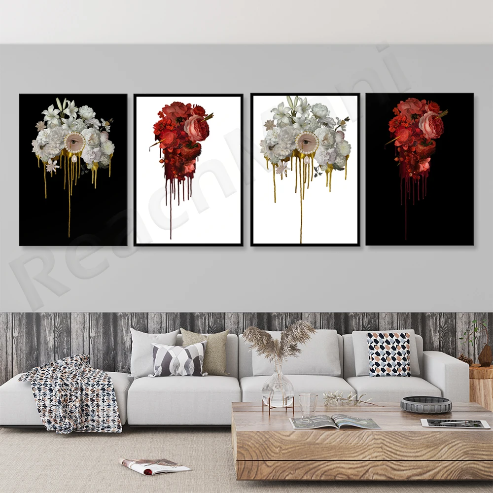 Surreal art poster, flower lover's eye, red floral heart, eclectic wall print, esoteric art, all seeing eye