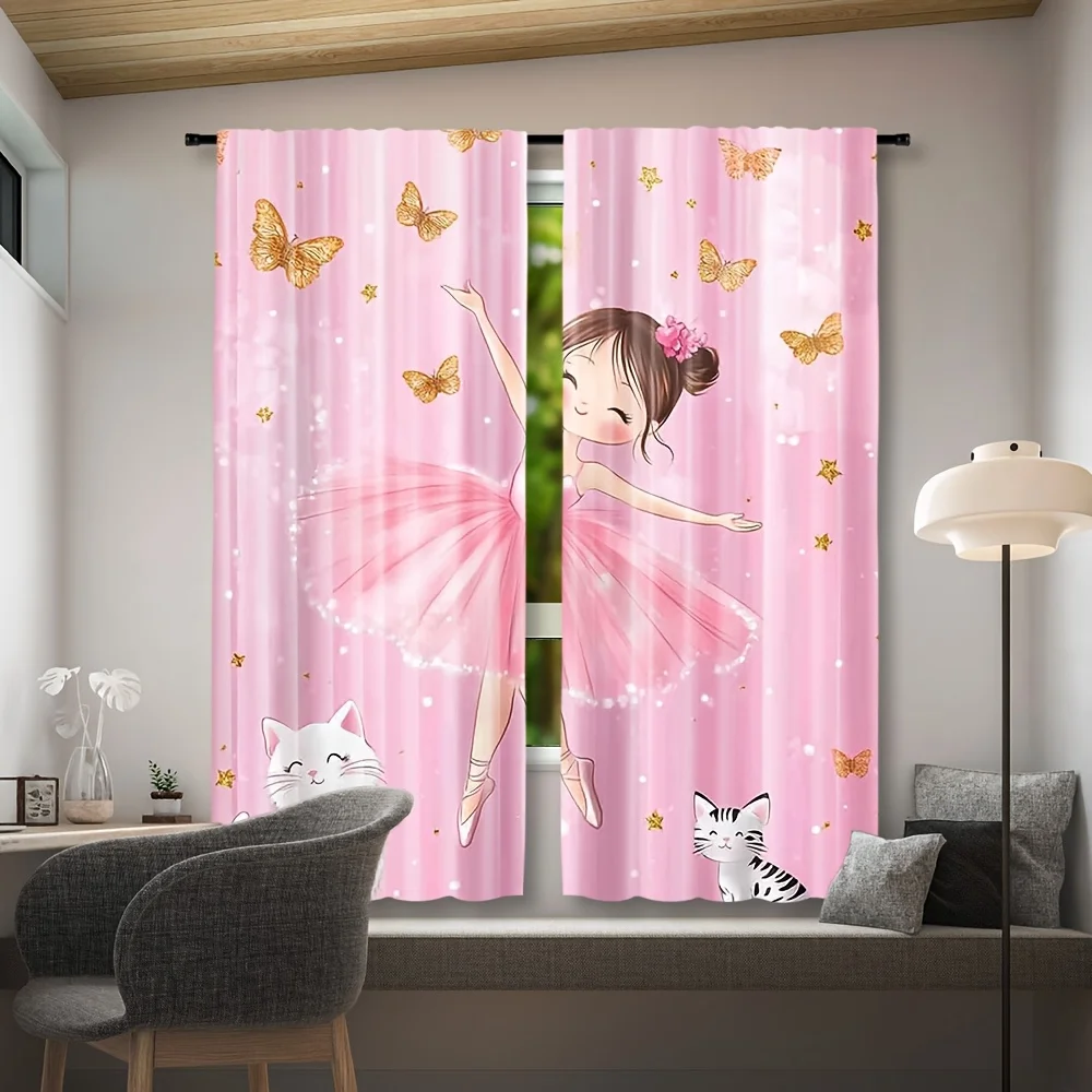 2PCS Digital Print Curtains, Cartoon Ballet Dancer Kitty, Cute Kids