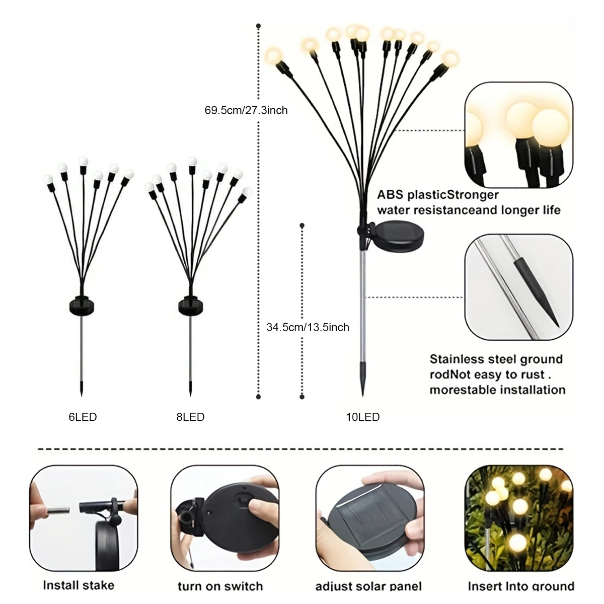 1/2PC Solar Firefly Lawn Lights 6/8/10 LED Warm White & Color Changing Garden Spike Lamps for Pathway/Patio/Yard IP65 Waterproof
