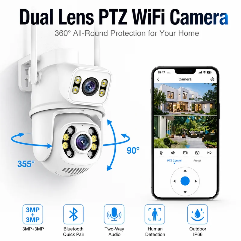 Dual Lens PTZ WiFi Security Camera 3MP+3MP Bluetooth Quick Pair Two Way Audio Human Detection Outdoor Home Surveillance IP Camer