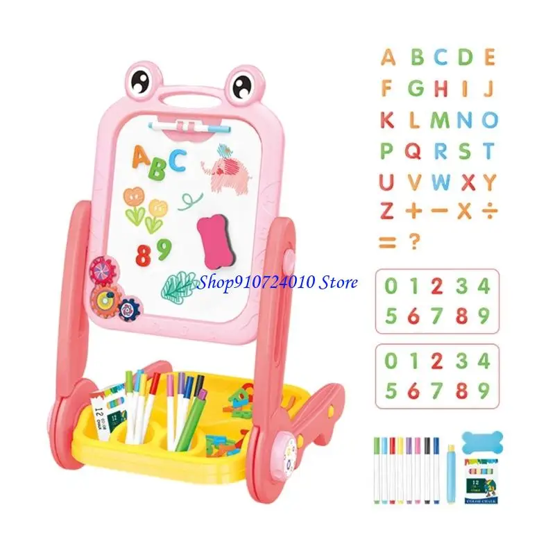 77HD Kids Double Side Drawing Easel With Cartoon Frogs Design Triangle Stand