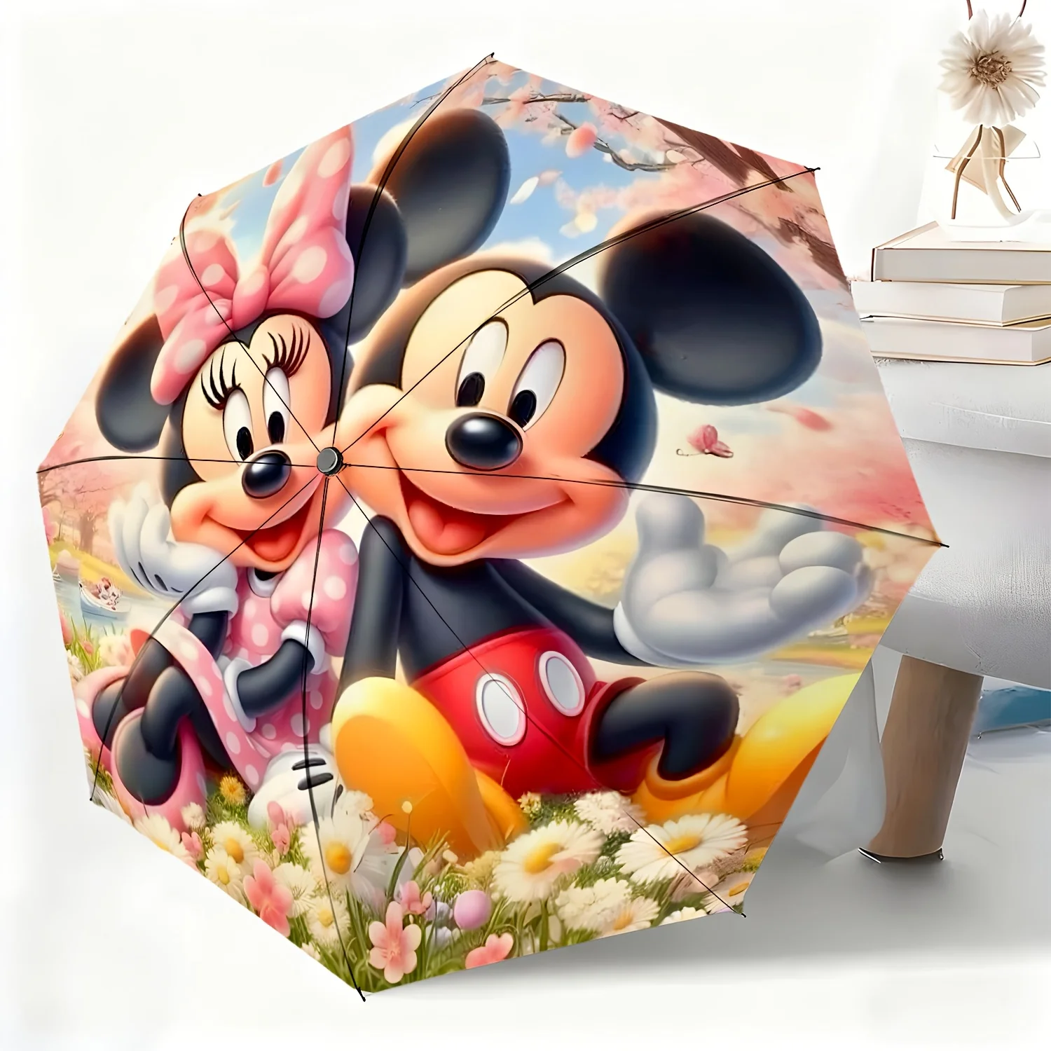 

1pc Disney Mickey and Minnie Cartoon Design Automatic Umbrella, All-Weather Folding Umbrella for All Occasions, Portable Compa