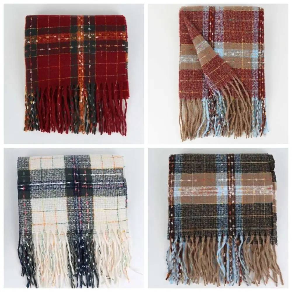 Мягкий мягкий клетчатый вязаный шарф, классический морозостойкий длинный шейный шарф с кисточками, однотонный женский утолщенный шарф в корейском стиле, уличный