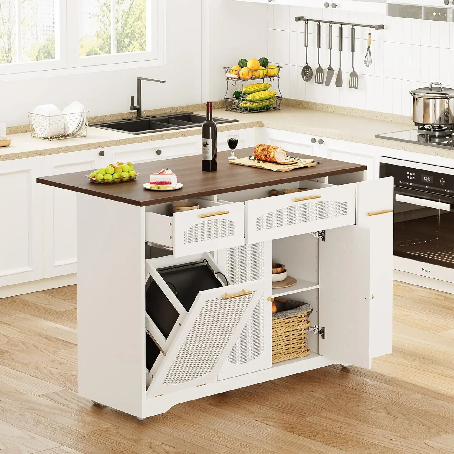

Rattan Rolling Kitchen Island Table on Wheels with Drop Leaf, Tilt Out Trash Can Cabinet with 2 Door, Storage Cabinet,