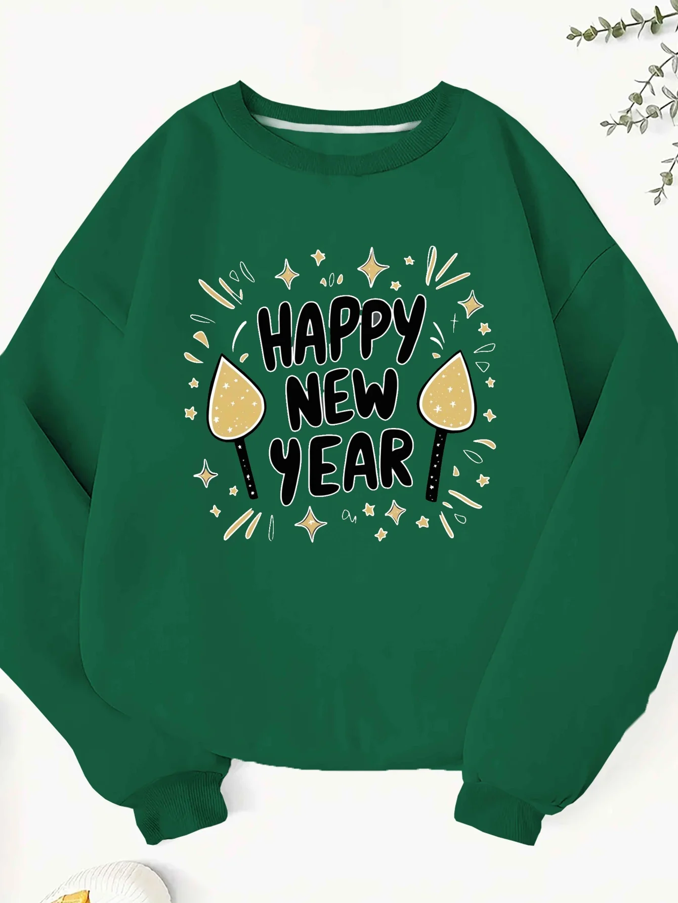 Happy New Year Celebration Women's Plus Size Casual Sweatshirt - Polyester, Knit, Round Neck, Geometric Pattern,machine Washable