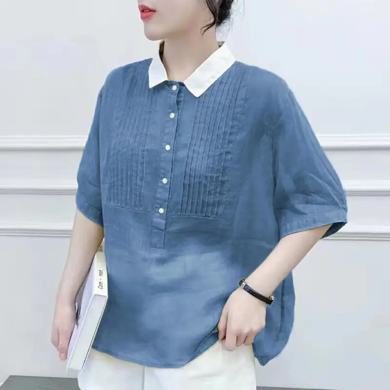 Vintage Loose All-match Contrast Shirt Tops Summer New Polo Neck Short Sleeve Solid Color Blouse Fashion Casual Women Clothing