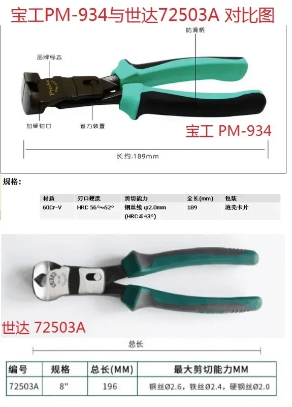 PM-934 top cutting pliers for cutting permanent nails, PM-806A/B plastic pliers of the same model as 72503A