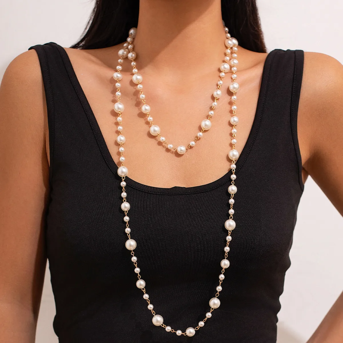 

Salircon Elegant Imitation Pearl Adjustable Long Chain Necklace for Women Temperament Party Dinner Neck Jewelry Accessories