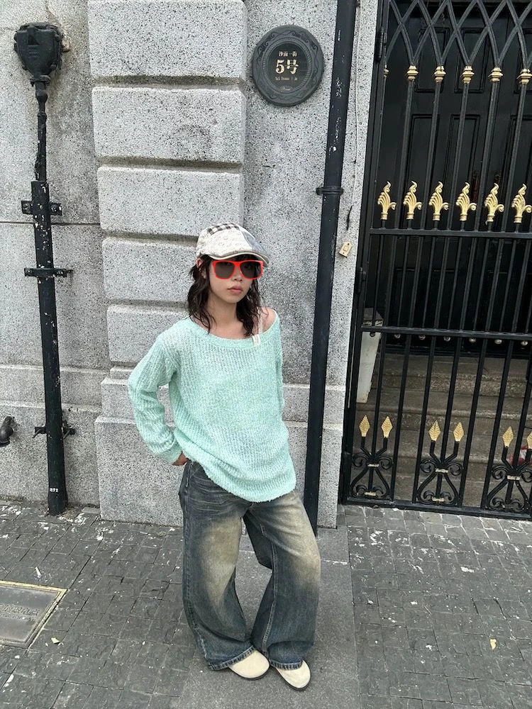 Damskie Retro Niebieskie Jeansy z Wysokim Stanem i Szerokimi Nogawkami, Luźne Spodnie w Stylu Cool Girl Streetwear, Damskie Codzienne Denimowe Spodnie Baggy