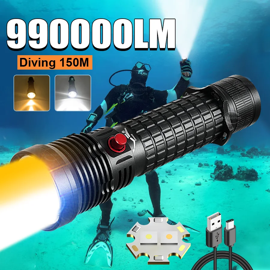 

990000LM New Professional Diving Flashlight Rechargeable IPX8 Dive Torch Built-In Battery Underwater Lantern Diving 150M Lamp