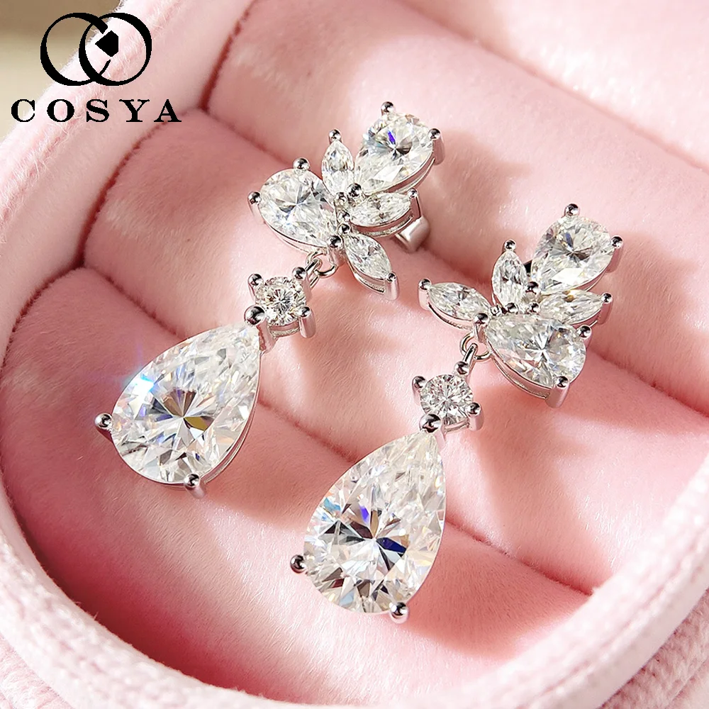 COSYA 8.8cttw Pear Cut Full Moissanite Drop Earrings For Women S925 Silver Sparkling Waterdrop Bridal Wedding Fine Jewelry Gift