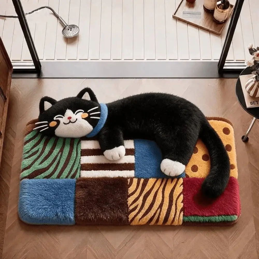 Cute 2D Cat Area Rug Non-Slip Anti-fouling Home Decor Carpet Pashmina Easy to Clean Cartoon Carpet Living Rooms